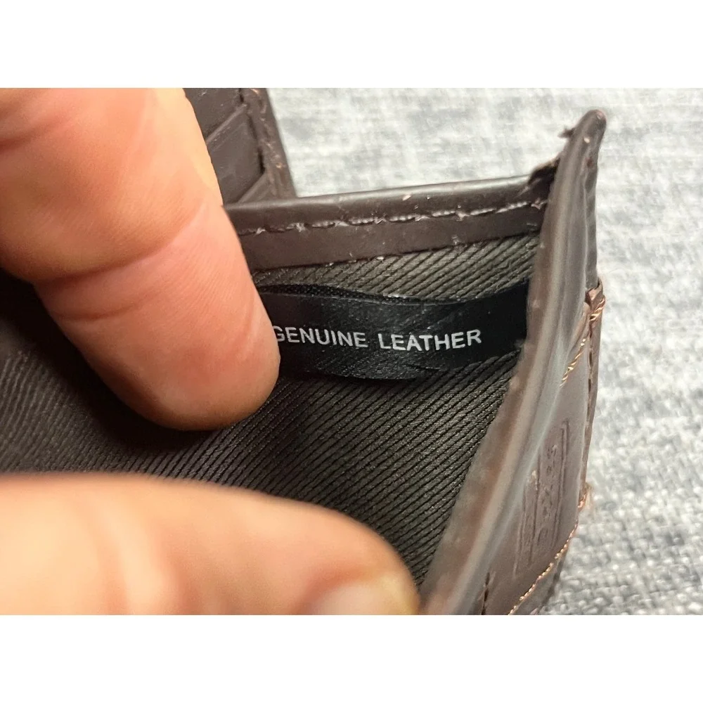 Dickies Mens Brown Genuine Leather Bifold Wallet YWGC Contrast Stitch Logo Patch